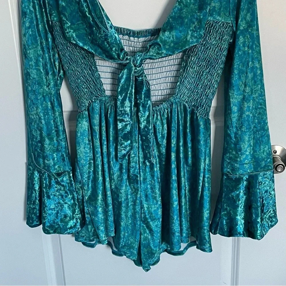New! Free People Bali tight rope romper blue green velvet nwot 29047